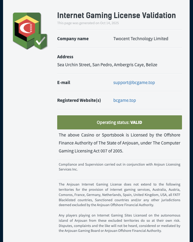 BC.GAME anjouan license